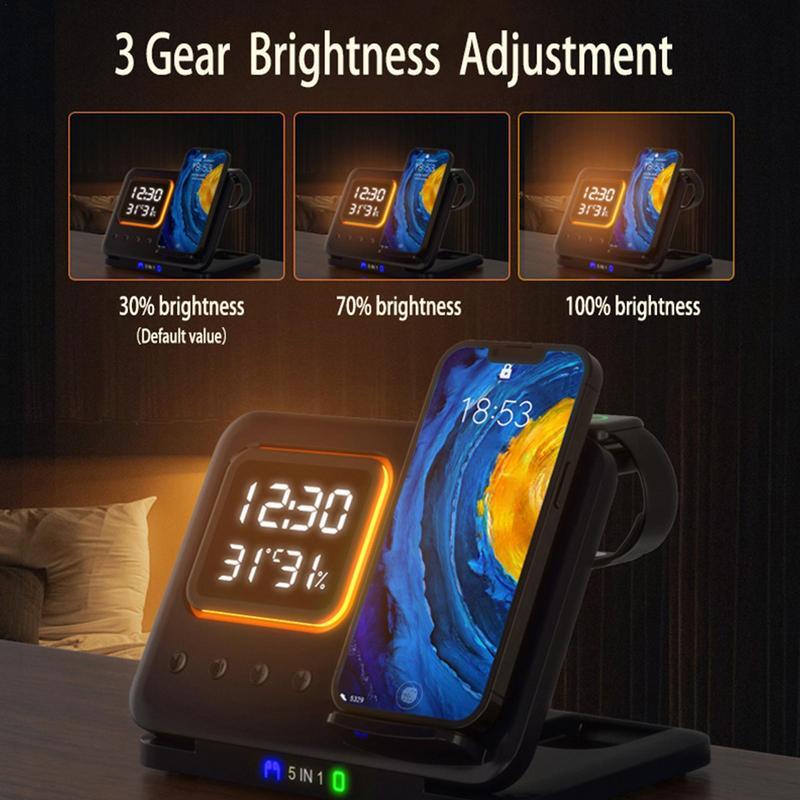 15W Wireless Charger Stand – 5-in-1 with LED Alarm Clock