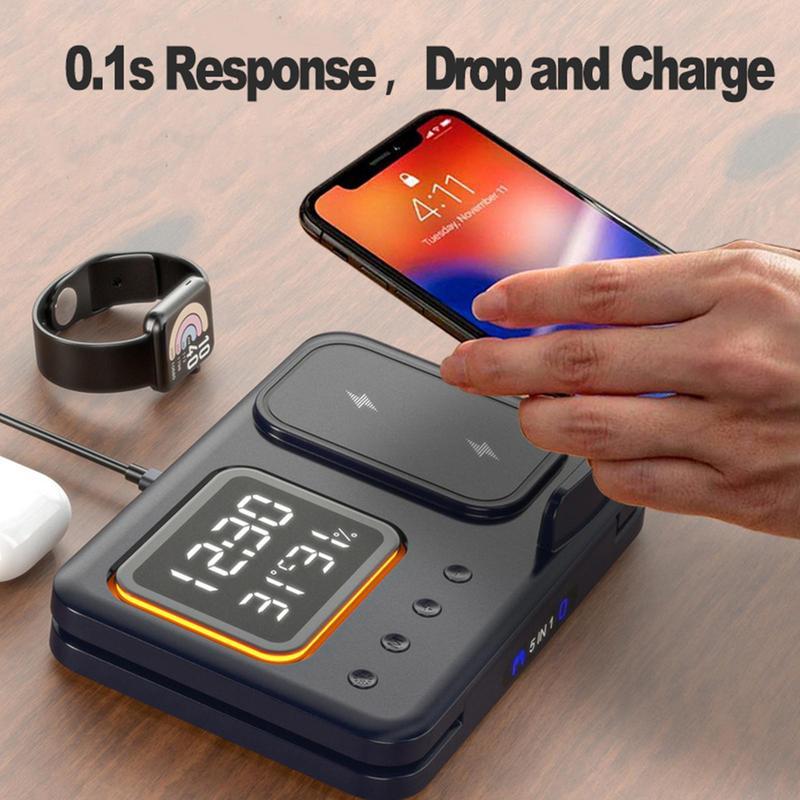 15W Wireless Charger Stand – 5-in-1 with LED Alarm Clock