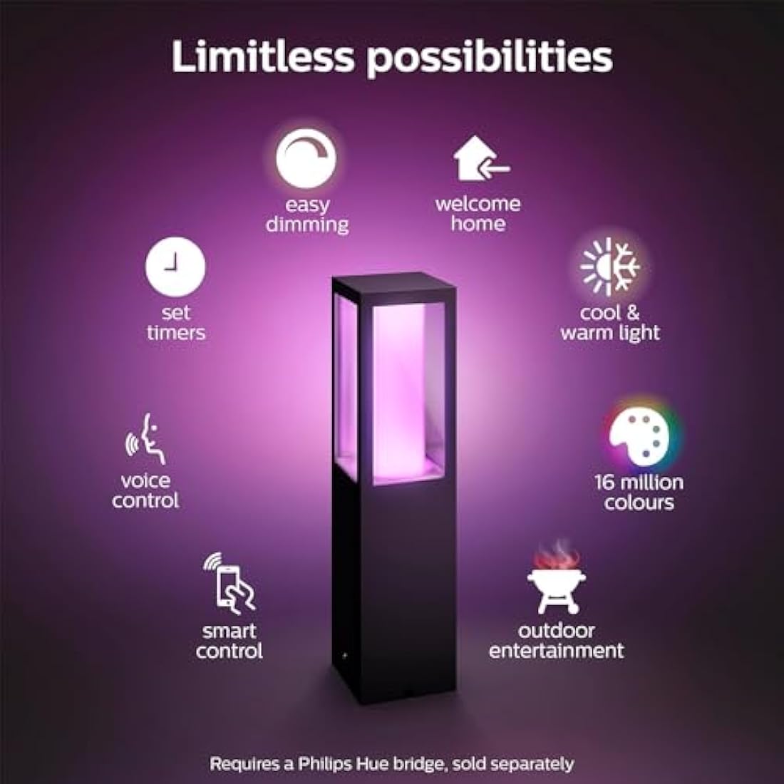 Philips Hue Impress White and Colour Ambiance Pedestal Low Voltage. For Outdoor Lighting, Patio, Terrace, Garden.