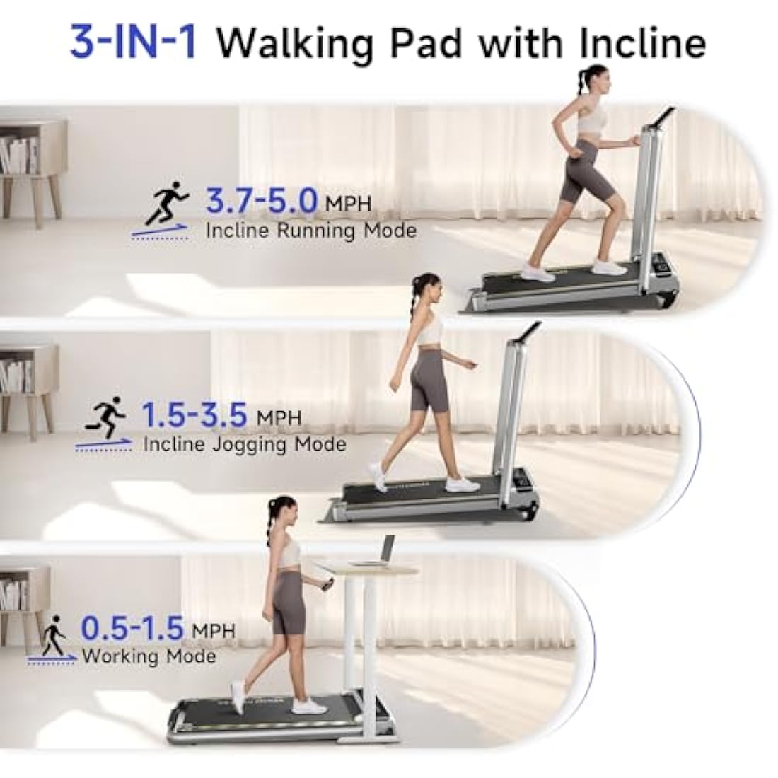 3‑in‑1 Walking Pad with Incline & Handle – Foldable Under‑Desk Treadmill 300lbs