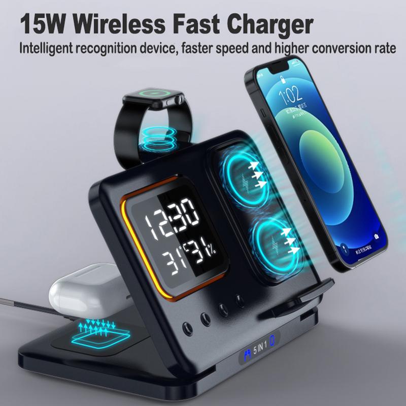 15W Wireless Charger Stand – 5-in-1 with LED Alarm Clock