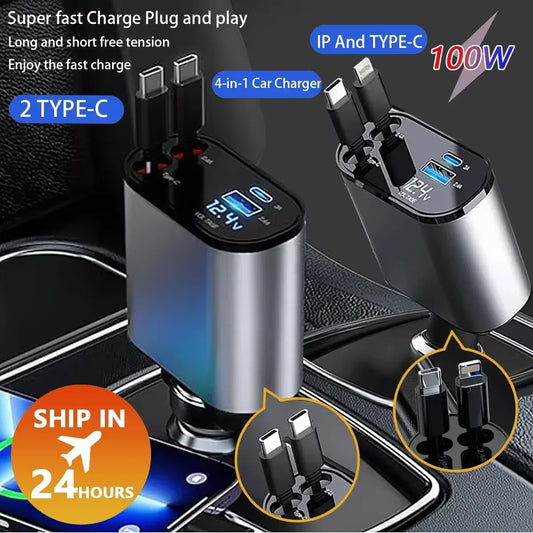 120W Retractable Car Charger with USB-C and Dual USB Ports – Works with iPhone & Android