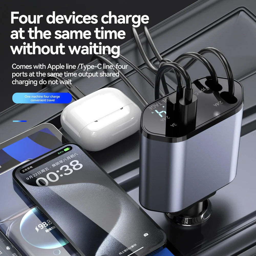 120W Retractable Car Charger with USB-C and Dual USB Ports – Works with iPhone & Android