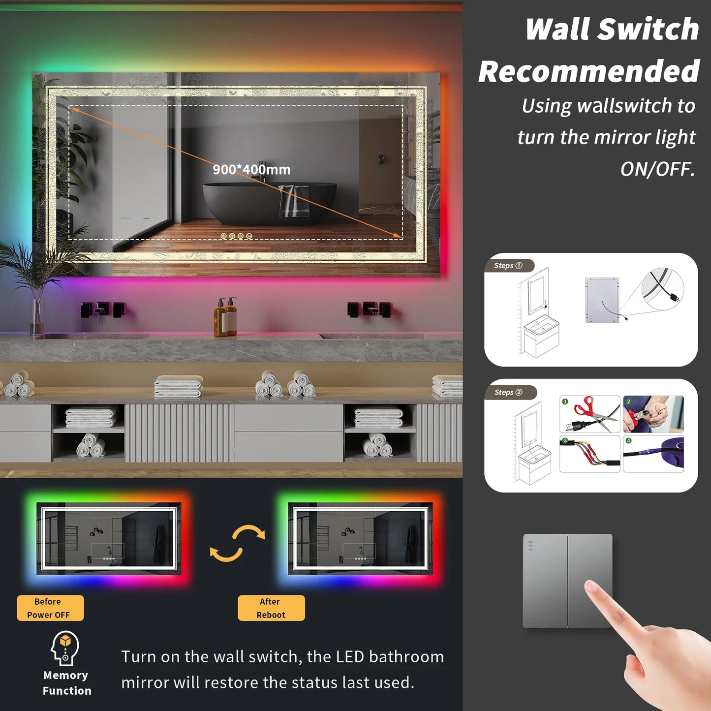 RGB LED Bathroom Mirror – Smart Anti Fog