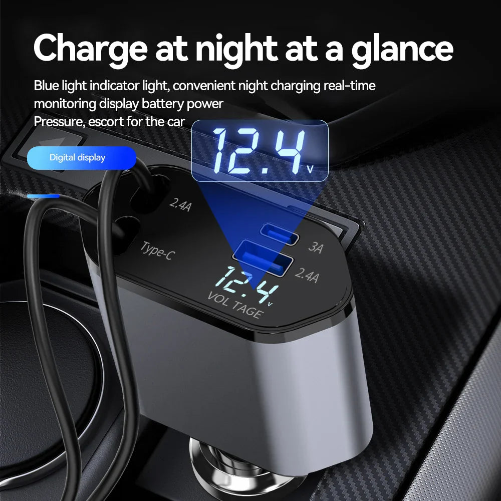 120W Retractable Car Charger with USB-C and Dual USB Ports – Works with iPhone & Android