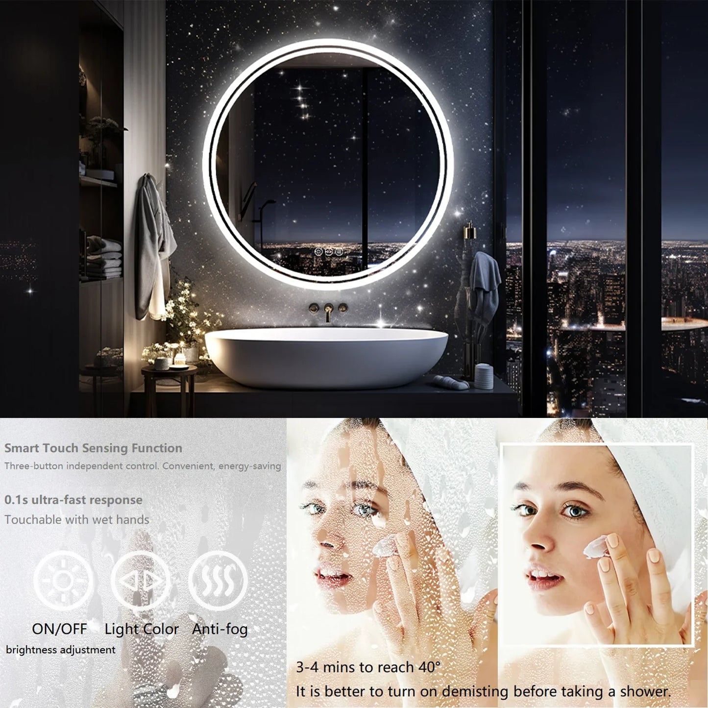 Round LED Vanity Mirror – Anti-Fog with Bright Makeup Lighting