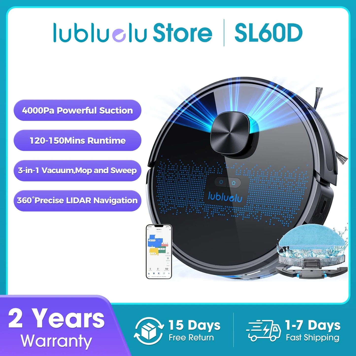 Lubluelu SL60D Robot Vacuum – 4000Pa, 150min Runtime, App Control