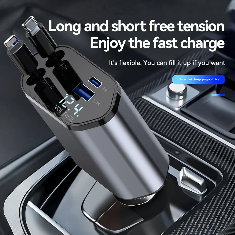 120W Retractable Car Charger with USB-C and Dual USB Ports – Works with iPhone & Android