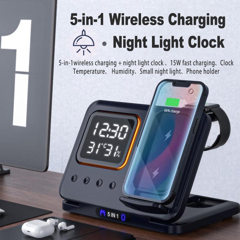 15W Wireless Charger Stand – 5-in-1 with LED Alarm Clock