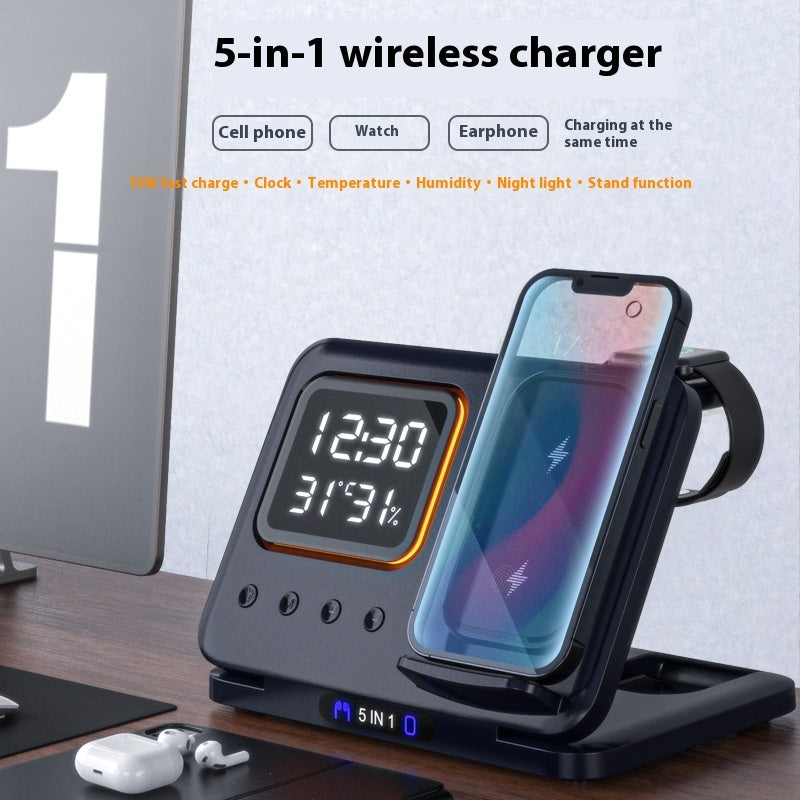 15W Wireless Charger Stand – 5-in-1 with LED Alarm Clock
